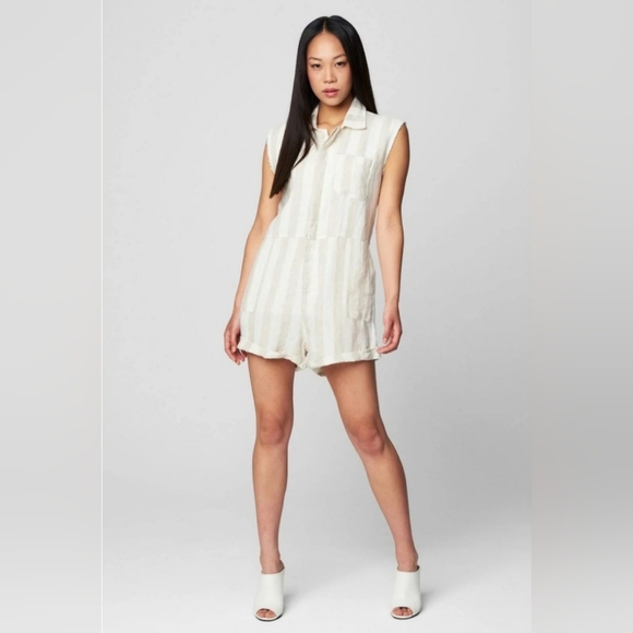 BLANK NYC,Changing Lanes Striped Linen Romper, Light Tan/Cream,  Size Large -NWT - Picture 1 of 13
